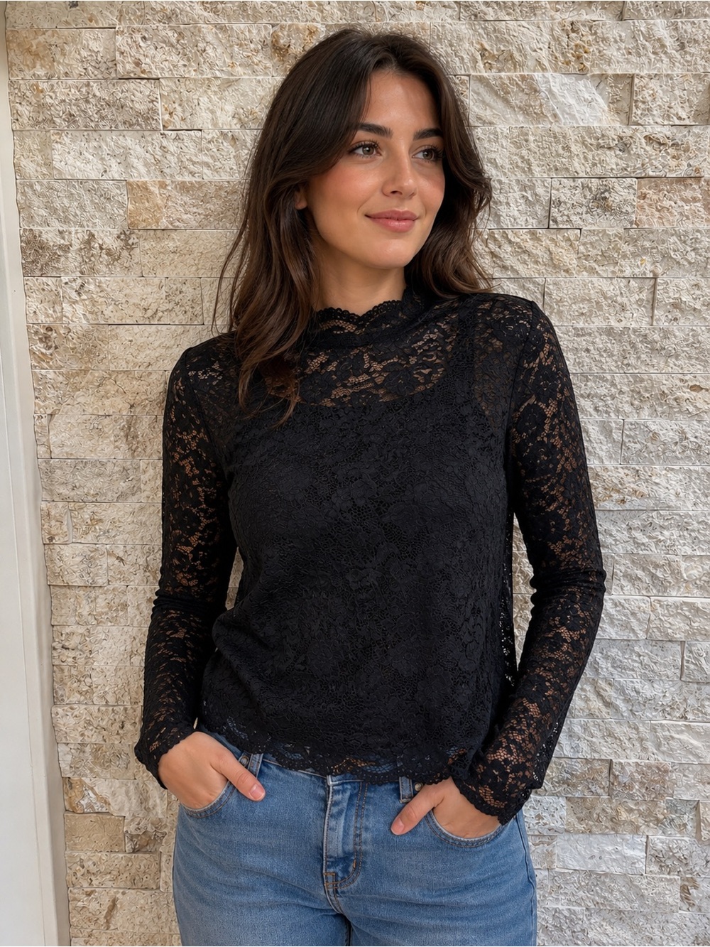 Vero Moda Black Floral Lace Long‎ Sleeve Top size M